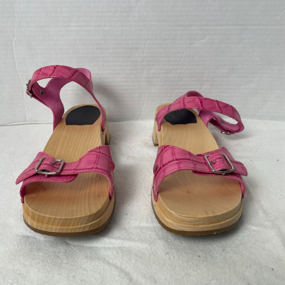Swedish Hasbeens Pink Leather Wooden Platform Sandals - Picture 4 of 9